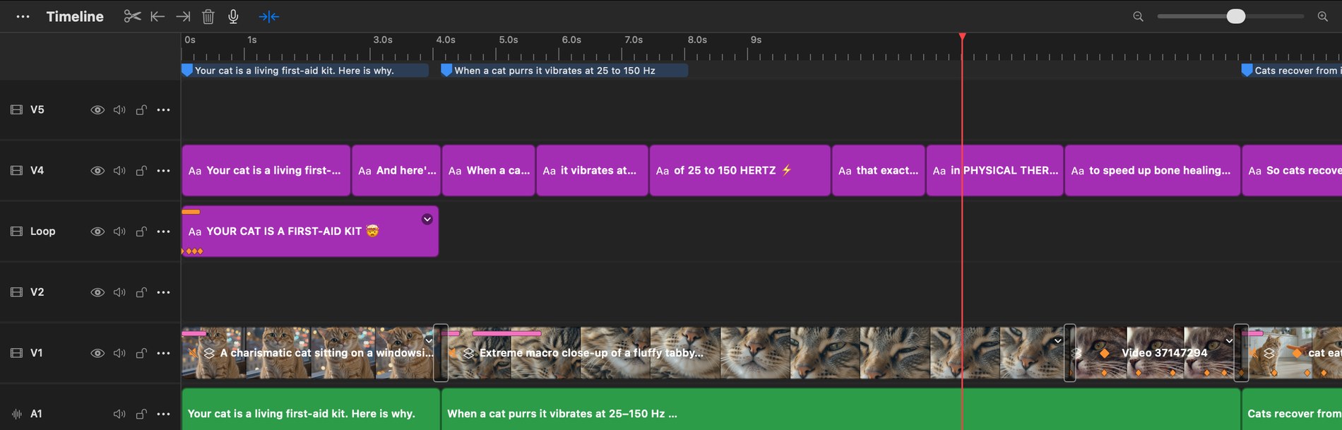 The Daoclip timeline: multitrack video and audio with waveforms, a caption track, transitions and keyframes